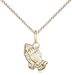 [0220GF/18GF] 14kt Gold Filled Praying Hands Pendant on a 18 inch Gold Filled Light Curb chain