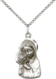 [1612SS/18SS] Sterling Silver Madonna &amp; Child Pendant on a 18 inch Sterling Silver Light Curb chain