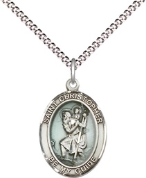[8022ESS/18S] Sterling Silver Saint Christopher Pendant on a 18 inch Light Rhodium Light Curb chain