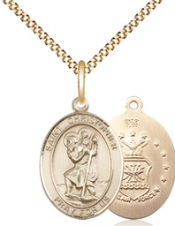 [8022GF1/18G] 14kt Gold Filled Saint Christopher Air Force Pendant on a 18 inch Gold Plate Light Curb chain