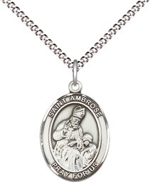 [8137SS/18S] Sterling Silver Saint Ambrose Pendant on a 18 inch Light Rhodium Light Curb chain