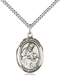 [8137SS/18S] Sterling Silver Saint Ambrose Pendant on a 18 inch Light Rhodium Light Curb chain