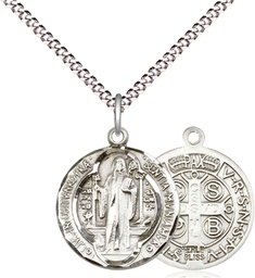 [0026BSS/18S] Sterling Silver Saint Benedict Pendant on a 18 inch Light Rhodium Light Curb chain
