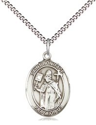 [8009SS/18S] Sterling Silver Saint Boniface Pendant on a 18 inch Light Rhodium Light Curb chain