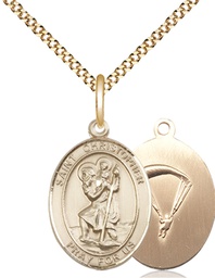 [8022GF7/18G] 14kt Gold Filled Saint Christopher Paratrooper Pendant on a 18 inch Gold Plate Light Curb chain