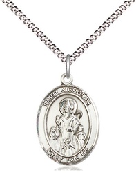 [8080SS/18S] Sterling Silver Saint Nicholas Pendant on a 18 inch Light Rhodium Light Curb chain