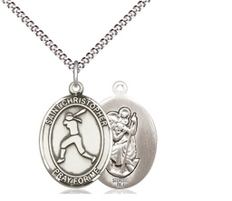 [8145SS/18S] Sterling Silver Saint Christopher Softball Pendant on a 18 inch Light Rhodium Light Curb chain