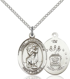 [8022SS1/18SS] Sterling Silver Saint Christopher Air Force Pendant on a 18 inch Sterling Silver Light Curb chain