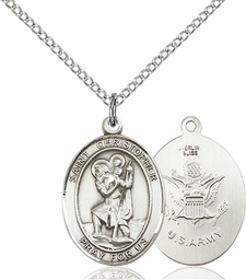 [8022SS2/18S] Sterling Silver Saint Christopher Army Pendant on a 18 inch Light Rhodium Light Curb chain