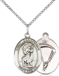 [8022SS7/18SS] Sterling Silver Saint Christopher Paratrooper Pendant on a 18 inch Sterling Silver Light Curb chain