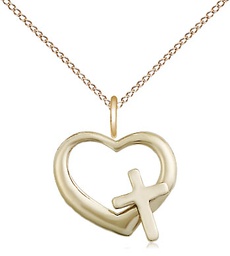 [4207GF/18GF] 14kt Gold Filled Heart Cross Pendant on a 18 inch Gold Filled Light Curb chain