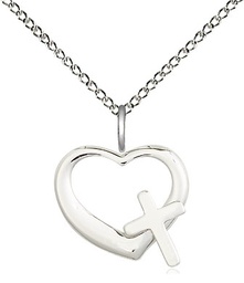 [4207SS/18SS] Sterling Silver Heart Cross Pendant on a 18 inch Sterling Silver Light Curb chain