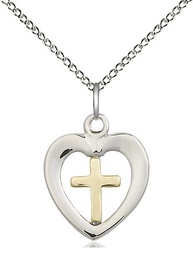 [4247GF/SS/18SS] Two-Tone GF/SS Heart Cross Pendant on a 18 inch Sterling Silver Light Curb chain