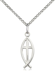 [4251SS/18SS] Sterling Silver Fish Cross Pendant on a 18 inch Sterling Silver Light Curb chain