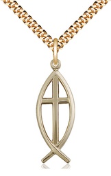 [4252GF/24G] 14kt Gold Filled Fish Cross Pendant on a 24 inch Gold Plate Heavy Curb chain