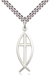 [4252SS/24S] Sterling Silver Fish Cross Pendant on a 24 inch Light Rhodium Heavy Curb chain