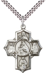 [5702SS/24S] Sterling Silver Our Lady of Mount Carmel 4-Way Pendant on a 24 inch Light Rhodium Heavy Curb chain