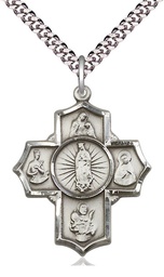 [5708SS/24S] Sterling Silver 5-Way Motherhood Pendant on a 24 inch Light Rhodium Heavy Curb chain