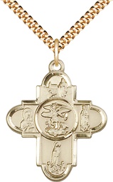 [5711GF/24G] 14kt Gold Filled Our Lady 5-Way Pendant on a 24 inch Gold Plate Heavy Curb chain