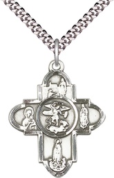 [5711SS/24S] Sterling Silver Our Lady 5-Way Pendant on a 24 inch Light Rhodium Heavy Curb chain