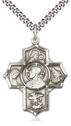 [5716SS/24S] Sterling Silver Sacred Heart 5-Way Pendant on a 24 inch Light Rhodium Heavy Curb chain