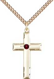 [0624YGF-STN1/24GF] 14kt Gold Filled Cross Pendant with a 3mm Garnet Swarovski stone on a 24 inch Gold Filled Heavy Curb chain