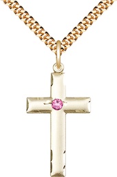 [0624YGF-STN10/24G] 14kt Gold Filled Cross Pendant with a 3mm Rose Swarovski stone on a 24 inch Gold Plate Heavy Curb chain