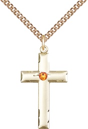 [0624YGF-STN11/24GF] 14kt Gold Filled Cross Pendant with a 3mm Topaz Swarovski stone on a 24 inch Gold Filled Heavy Curb chain
