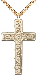 [5737GF/24G] 14kt Gold Filled Knurled Cross Pendant on a 24 inch Gold Plate Heavy Curb chain