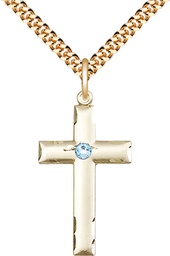 [0624YGF-STN3/24G] 14kt Gold Filled Cross Pendant with a 3mm Aqua Swarovski stone on a 24 inch Gold Plate Heavy Curb chain