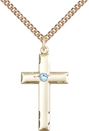 [0624YGF-STN3/24GF] 14kt Gold Filled Cross Pendant with a 3mm Aqua Swarovski stone on a 24 inch Gold Filled Heavy Curb chain