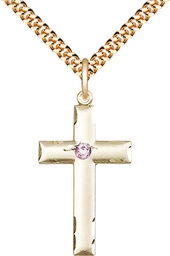 [0624YGF-STN6/24G] 14kt Gold Filled Cross Pendant with a 3mm Light Amethyst Swarovski stone on a 24 inch Gold Plate Heavy Curb chain