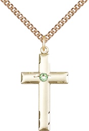 [0624YGF-STN8/24GF] 14kt Gold Filled Cross Pendant with a 3mm Peridot Swarovski stone on a 24 inch Gold Filled Heavy Curb chain