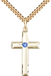 [0624YGF-STN9/24G] 14kt Gold Filled Cross Pendant with a 3mm Sapphire Swarovski stone on a 24 inch Gold Plate Heavy Curb chain