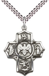 [5790SS5/24S] Sterling Silver 5-Way National Guard Pendant on a 24 inch Light Rhodium Heavy Curb chain