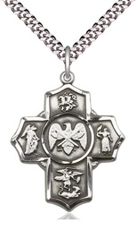 [5790SS5/24S] Sterling Silver 5-Way National Guard Pendant on a 24 inch Light Rhodium Heavy Curb chain