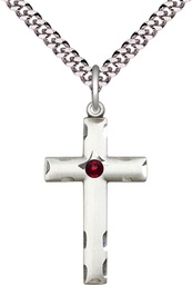 [0624YSS-STN1/24S] Sterling Silver Cross Pendant with a 3mm Garnet Swarovski stone on a 24 inch Light Rhodium Heavy Curb chain