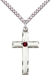[0624YSS-STN1/24SS] Sterling Silver Cross Pendant with a 3mm Garnet Swarovski stone on a 24 inch Sterling Silver Heavy Curb chain