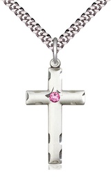 [0624YSS-STN10/24S] Sterling Silver Cross Pendant with a 3mm Rose Swarovski stone on a 24 inch Light Rhodium Heavy Curb chain