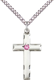 [0624YSS-STN10/24SS] Sterling Silver Cross Pendant with a 3mm Rose Swarovski stone on a 24 inch Sterling Silver Heavy Curb chain