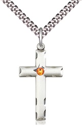 [0624YSS-STN11/24S] Sterling Silver Cross Pendant with a 3mm Topaz Swarovski stone on a 24 inch Light Rhodium Heavy Curb chain