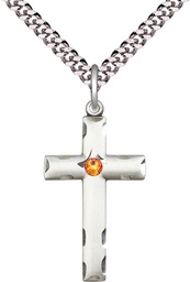 [0624YSS-STN11/24S] Sterling Silver Cross Pendant with a 3mm Topaz Swarovski stone on a 24 inch Light Rhodium Heavy Curb chain