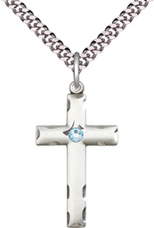 [0624YSS-STN3/24S] Sterling Silver Cross Pendant with a 3mm Aqua Swarovski stone on a 24 inch Light Rhodium Heavy Curb chain