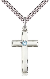 [0624YSS-STN3/24S] Sterling Silver Cross Pendant with a 3mm Aqua Swarovski stone on a 24 inch Light Rhodium Heavy Curb chain