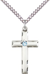 [0624YSS-STN3/24SS] Sterling Silver Cross Pendant with a 3mm Aqua Swarovski stone on a 24 inch Sterling Silver Heavy Curb chain