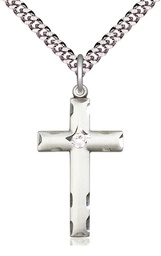[0624YSS-STN4/24S] Sterling Silver Cross Pendant with a 3mm Crystal Swarovski stone on a 24 inch Light Rhodium Heavy Curb chain