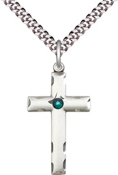 [0624YSS-STN5/24S] Sterling Silver Cross Pendant with a 3mm Emerald Swarovski stone on a 24 inch Light Rhodium Heavy Curb chain