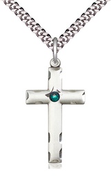[0624YSS-STN5/24S] Sterling Silver Cross Pendant with a 3mm Emerald Swarovski stone on a 24 inch Light Rhodium Heavy Curb chain