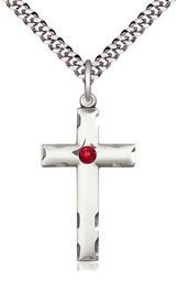 [0624YSS-STN7/24S] Sterling Silver Cross Pendant with a 3mm Ruby Swarovski stone on a 24 inch Light Rhodium Heavy Curb chain