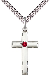 [0624YSS-STN7/24S] Sterling Silver Cross Pendant with a 3mm Ruby Swarovski stone on a 24 inch Light Rhodium Heavy Curb chain